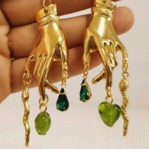 Gold Gothic/Punk Golden Hand and Snakes Earrings Green
